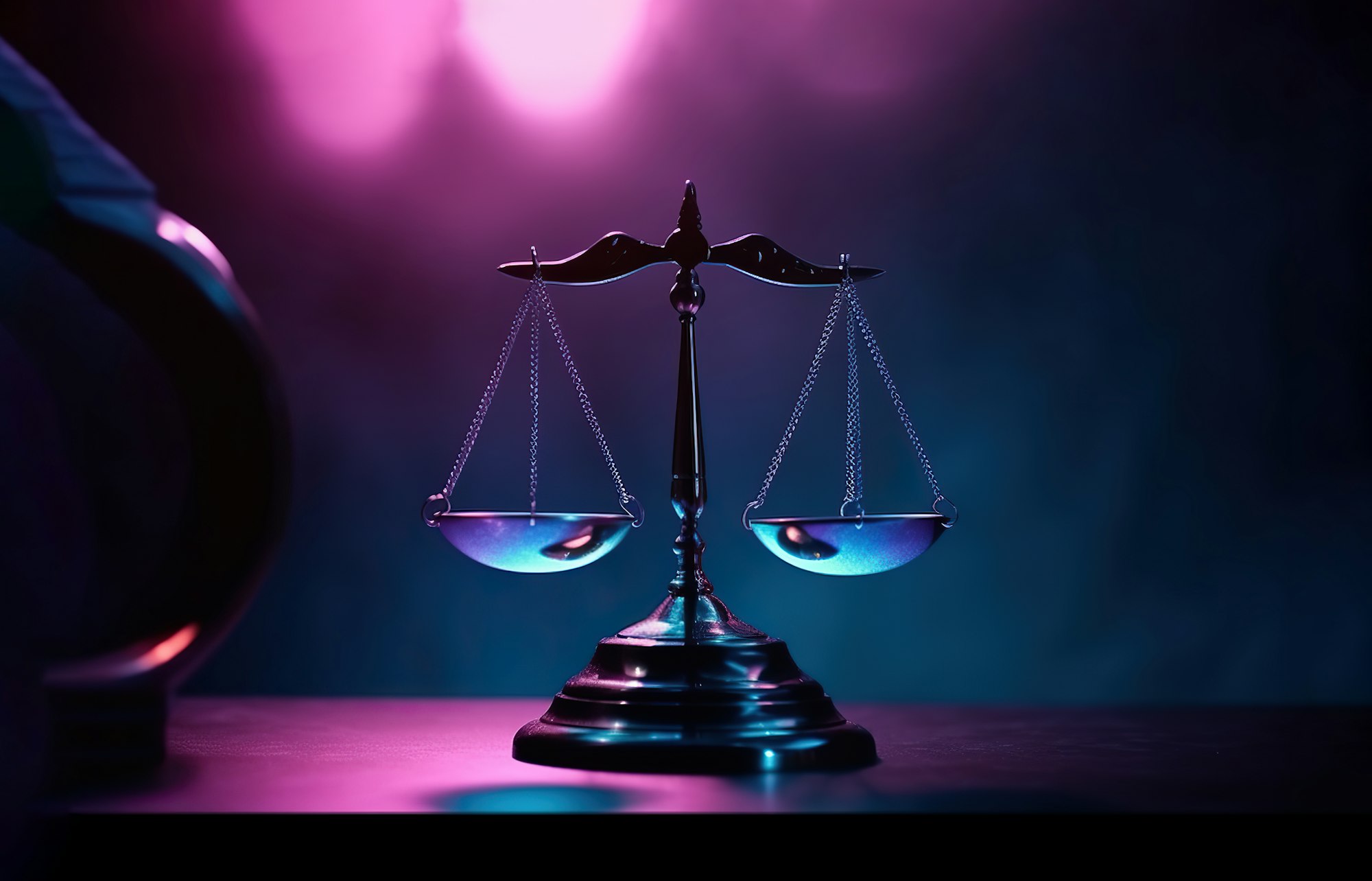 A golden balance scale sitting on top of a wooden table. Justice concept